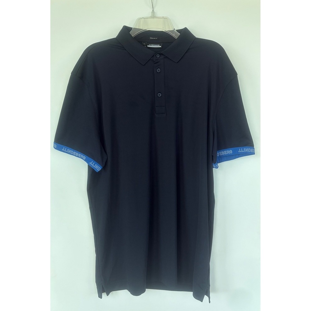 J.Lindeberg Mens Regular Fit Polo Shirt Navy Blue Logo‎ Cuffs Golf Performance